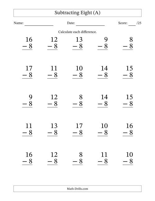 The Subtracting Eight With Differences from 0 to 9 – 25 Large Print Questions (A) Math Worksheet