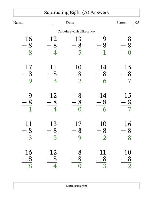 The Subtracting Eight With Differences from 0 to 9 – 25 Large Print Questions (A) Math Worksheet Page 2