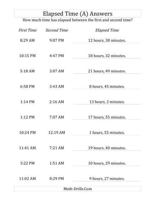 The Elapsed Time up to 24 Hours in 1 Minute Intervals (A) Math Worksheet Page 2