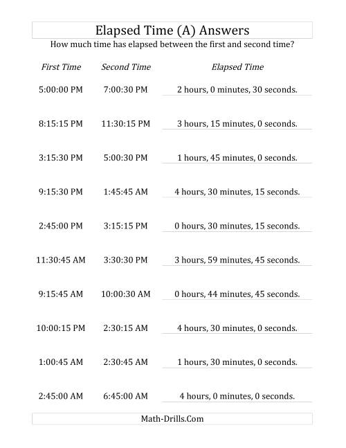 The Elapsed Time up to 5 Hours in 15 Minute and 15 Second Intervals (A) Math Worksheet Page 2