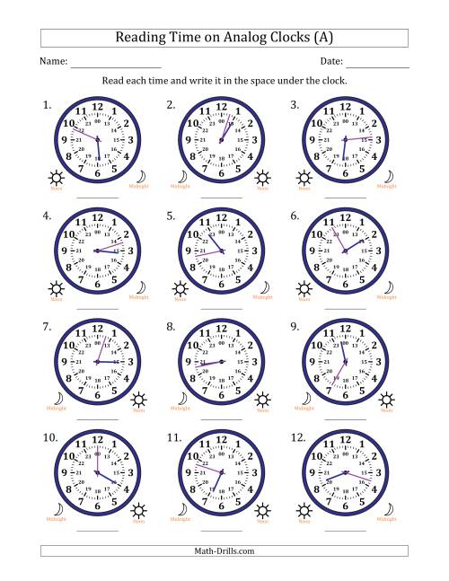 The Reading 24 Hour Time on Analog Clocks in 1 Minute Intervals (12 Clocks) (A) Math Worksheet