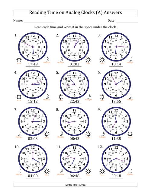 The Reading 24 Hour Time on Analog Clocks in 1 Minute Intervals (12 Clocks) (A) Math Worksheet Page 2