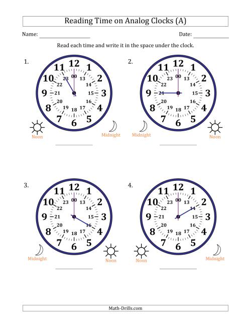 The Reading 24 Hour Time on Analog Clocks in One Hour Intervals (4 Large Clocks) (A) Math Worksheet
