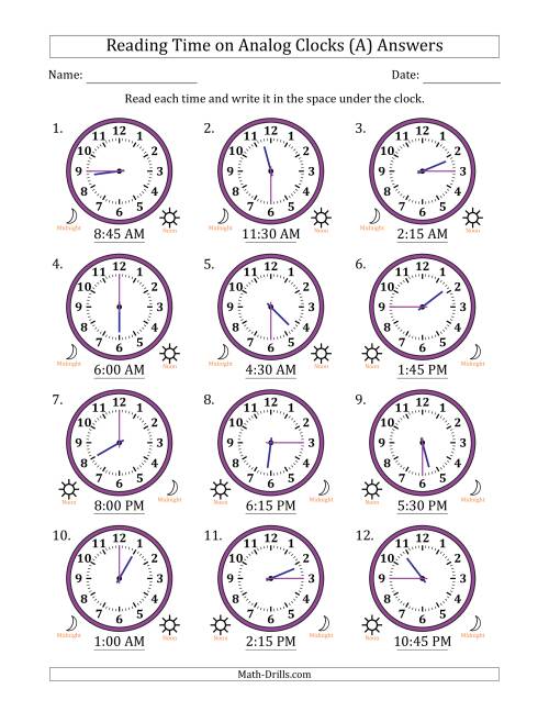 The Reading 12 Hour Time on Analog Clocks in 15 Minute Intervals (12 Clocks) (A) Math Worksheet Page 2
