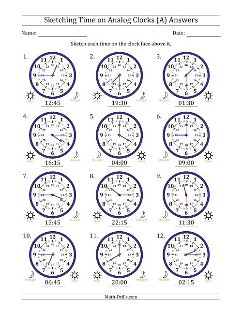 The Sketching 24 Hour Time on Analog Clocks in 15 Minute Intervals (12 Clocks) (A) Math Worksheet Page 2
