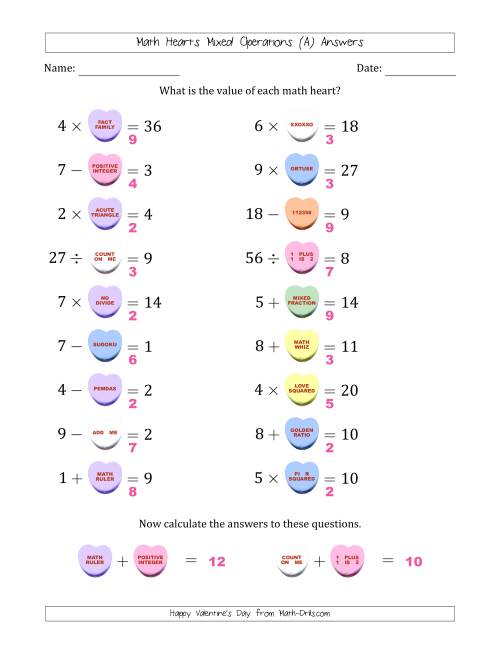 The Math Hearts Mixed Operations with Addends and Differences from 1 to 9, Factors and Quotients from 2 to 9 and Missing Numbers from 1 to 9 (A) Math Worksheet Page 2
