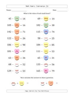 Math Hearts Subtraction with Differences from 10 to 99 and Missing Subtrahends from 10 to 99