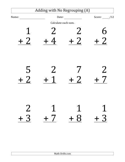 The 12 Single-Digit Addition Questions with No Regrouping (A) Math Worksheet