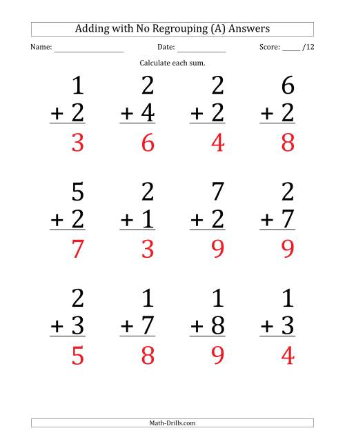 The 12 Single-Digit Addition Questions with No Regrouping (A) Math Worksheet Page 2
