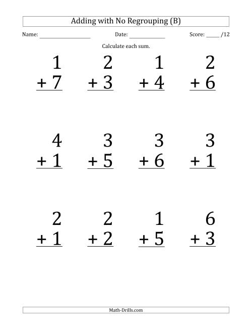 The 12 Single-Digit Addition Questions with No Regrouping (B) Math Worksheet