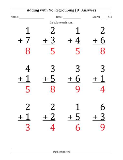 The 12 Single-Digit Addition Questions with No Regrouping (B) Math Worksheet Page 2