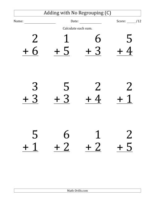 The 12 Single-Digit Addition Questions with No Regrouping (C) Math Worksheet