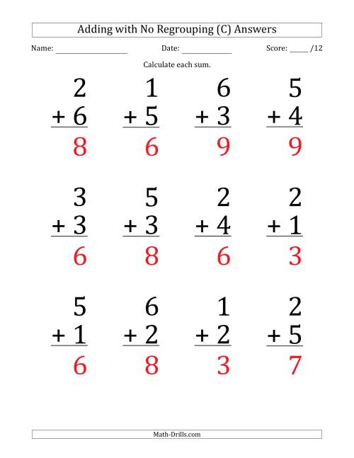 The 12 Single-Digit Addition Questions with No Regrouping (C) Math Worksheet Page 2