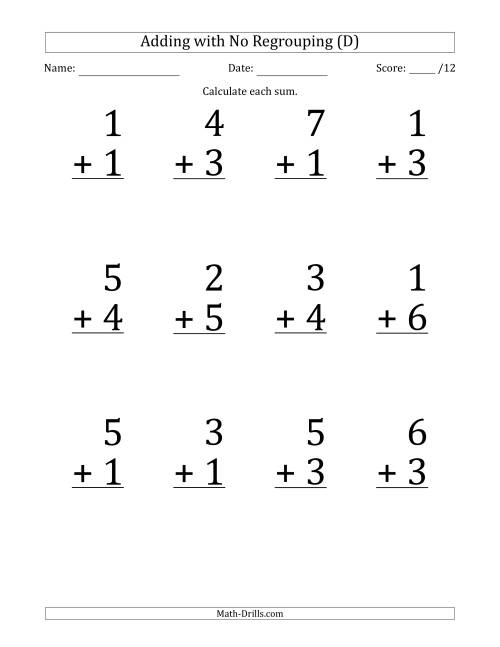 The 12 Single-Digit Addition Questions with No Regrouping (D) Math Worksheet