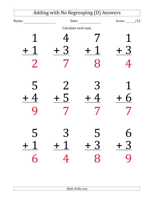 The 12 Single-Digit Addition Questions with No Regrouping (D) Math Worksheet Page 2
