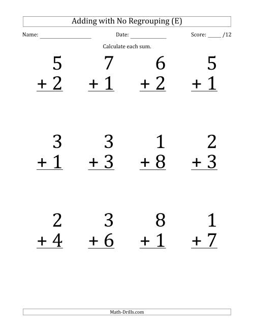 The 12 Single-Digit Addition Questions with No Regrouping (E) Math Worksheet