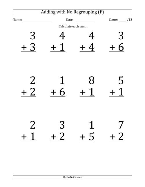 The 12 Single-Digit Addition Questions with No Regrouping (F) Math Worksheet