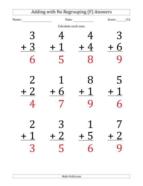 The 12 Single-Digit Addition Questions with No Regrouping (F) Math Worksheet Page 2