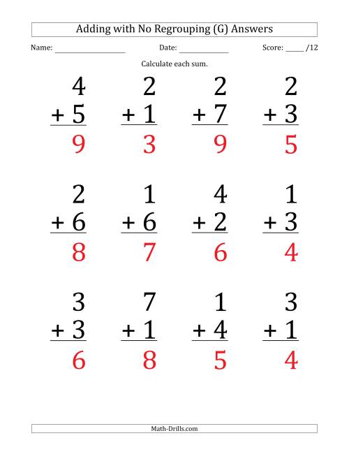 The 12 Single-Digit Addition Questions with No Regrouping (G) Math Worksheet Page 2