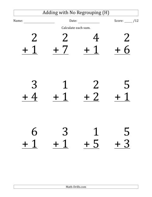 The 12 Single-Digit Addition Questions with No Regrouping (H) Math Worksheet