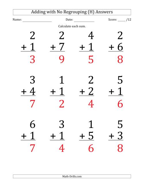 The 12 Single-Digit Addition Questions with No Regrouping (H) Math Worksheet Page 2