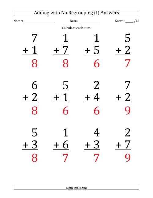 The 12 Single-Digit Addition Questions with No Regrouping (I) Math Worksheet Page 2