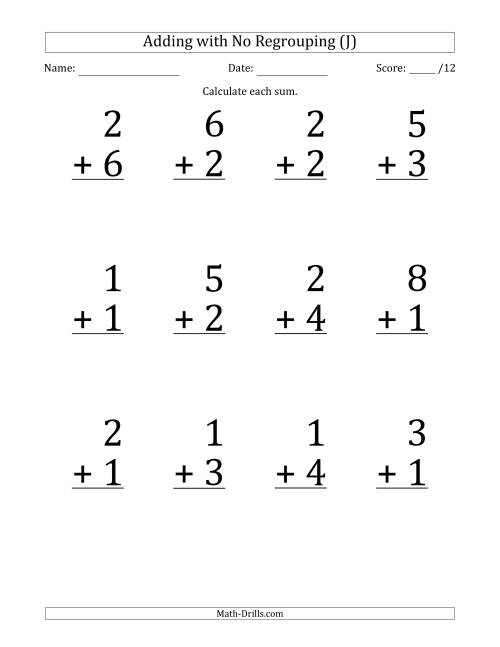 The 12 Single-Digit Addition Questions with No Regrouping (J) Math Worksheet