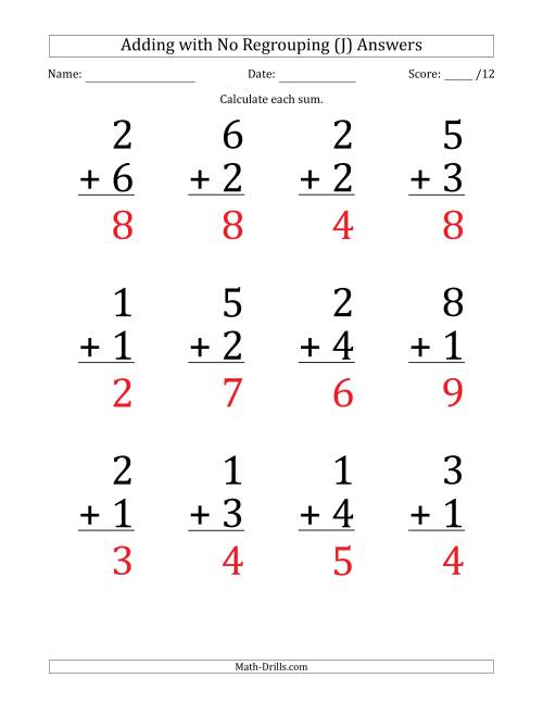 The 12 Single-Digit Addition Questions with No Regrouping (J) Math Worksheet Page 2