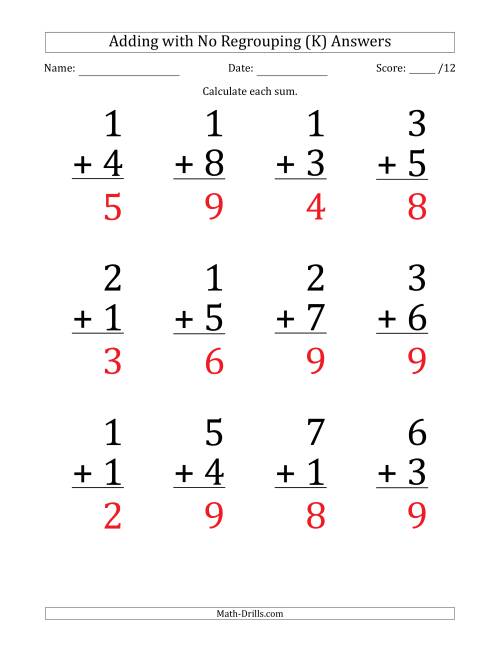 The 12 Single-Digit Addition Questions with No Regrouping (K) Math Worksheet Page 2