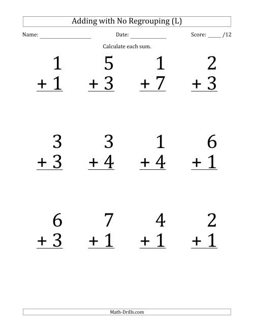 The 12 Single-Digit Addition Questions with No Regrouping (L) Math Worksheet