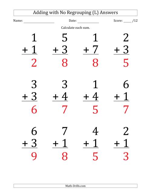 The 12 Single-Digit Addition Questions with No Regrouping (L) Math Worksheet Page 2
