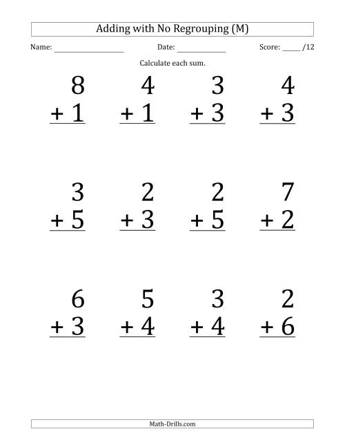 The 12 Single-Digit Addition Questions with No Regrouping (M) Math Worksheet