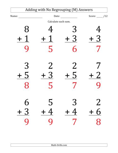 The 12 Single-Digit Addition Questions with No Regrouping (M) Math Worksheet Page 2
