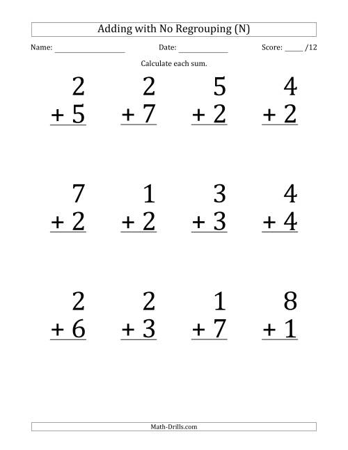 The 12 Single-Digit Addition Questions with No Regrouping (N) Math Worksheet