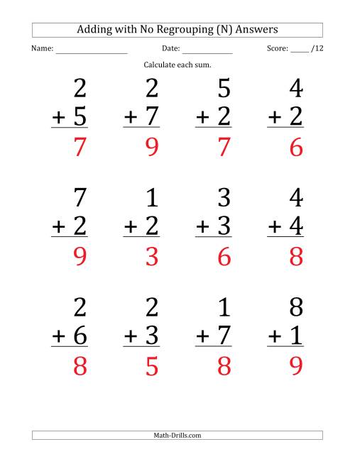 The 12 Single-Digit Addition Questions with No Regrouping (N) Math Worksheet Page 2