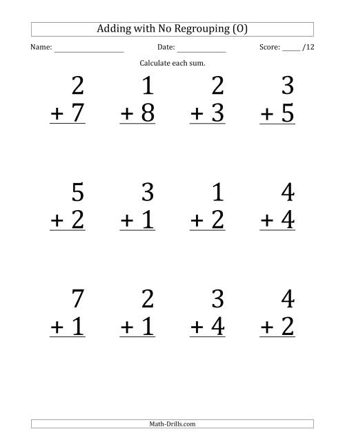 The 12 Single-Digit Addition Questions with No Regrouping (O) Math Worksheet