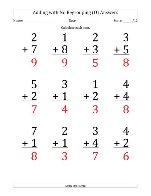 The 12 Single-Digit Addition Questions with No Regrouping (O) Math Worksheet Page 2