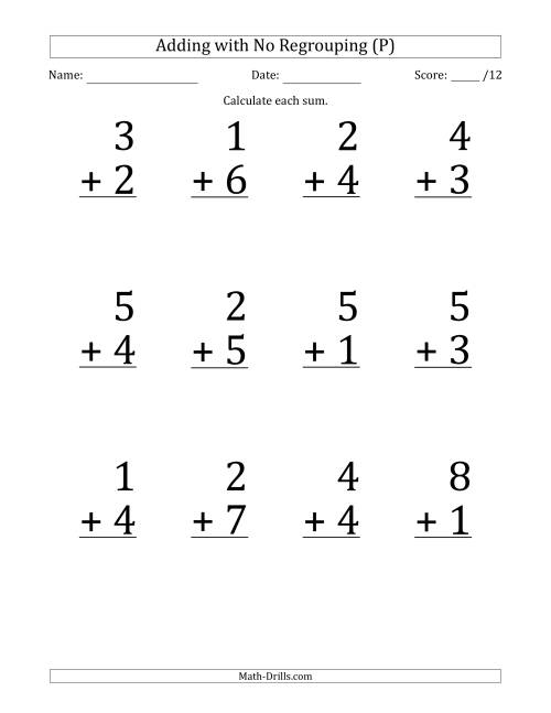 The 12 Single-Digit Addition Questions with No Regrouping (P) Math Worksheet