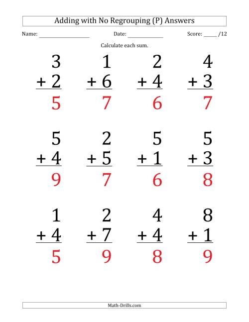 The 12 Single-Digit Addition Questions with No Regrouping (P) Math Worksheet Page 2
