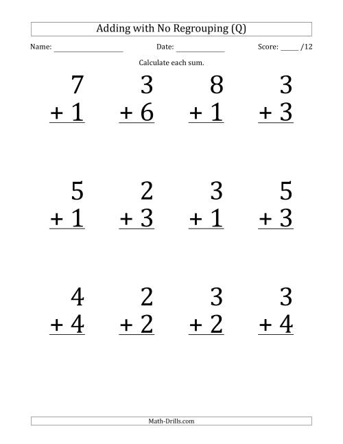 The 12 Single-Digit Addition Questions with No Regrouping (Q) Math Worksheet