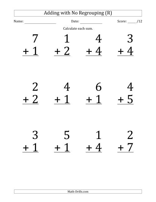 The 12 Single-Digit Addition Questions with No Regrouping (R) Math Worksheet