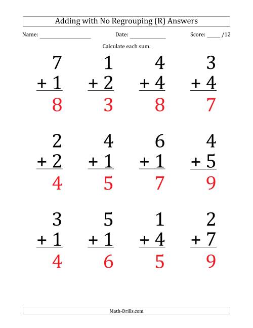 The 12 Single-Digit Addition Questions with No Regrouping (R) Math Worksheet Page 2