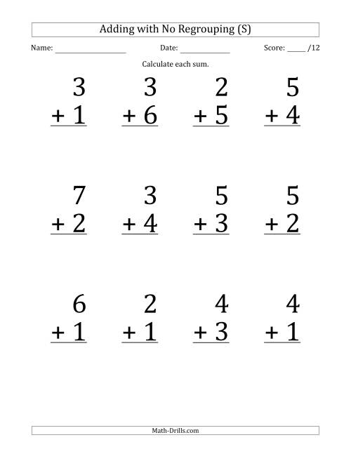 The 12 Single-Digit Addition Questions with No Regrouping (S) Math Worksheet