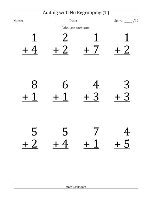 The 12 Single-Digit Addition Questions with No Regrouping (T) Math Worksheet