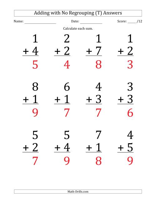The 12 Single-Digit Addition Questions with No Regrouping (T) Math Worksheet Page 2