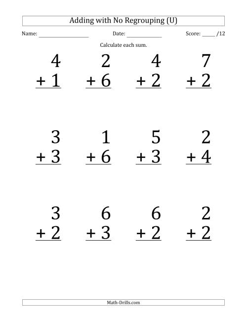 The 12 Single-Digit Addition Questions with No Regrouping (U) Math Worksheet