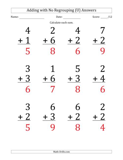 The 12 Single-Digit Addition Questions with No Regrouping (U) Math Worksheet Page 2