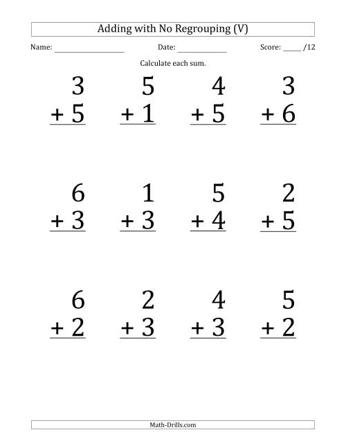 The 12 Single-Digit Addition Questions with No Regrouping (V) Math Worksheet