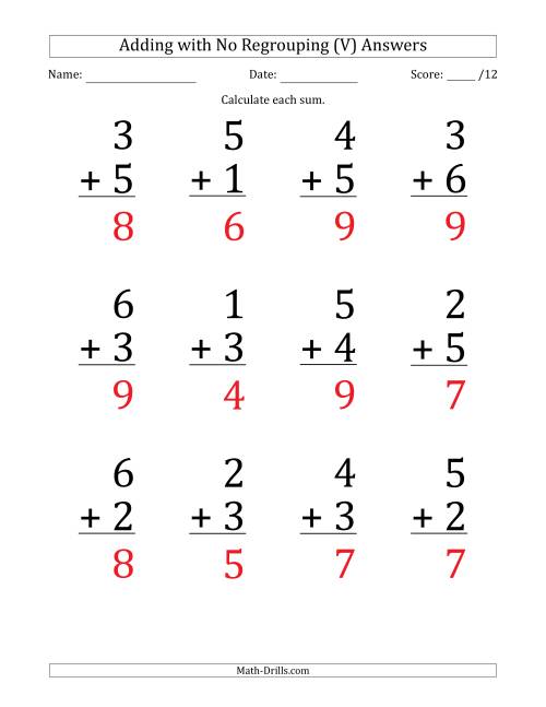 The 12 Single-Digit Addition Questions with No Regrouping (V) Math Worksheet Page 2
