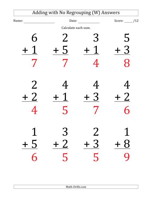 The 12 Single-Digit Addition Questions with No Regrouping (W) Math Worksheet Page 2